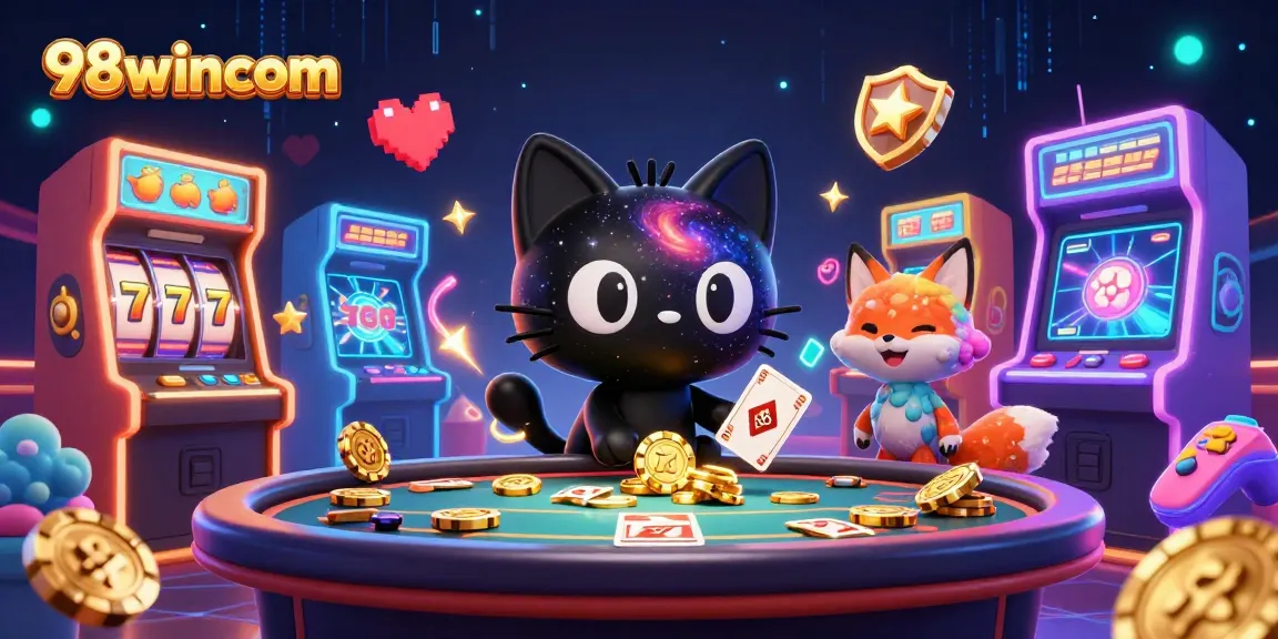 Engage with 98wincom through a vivid cosmic casino scene featuring a playful black hole cat and colorful game machines.