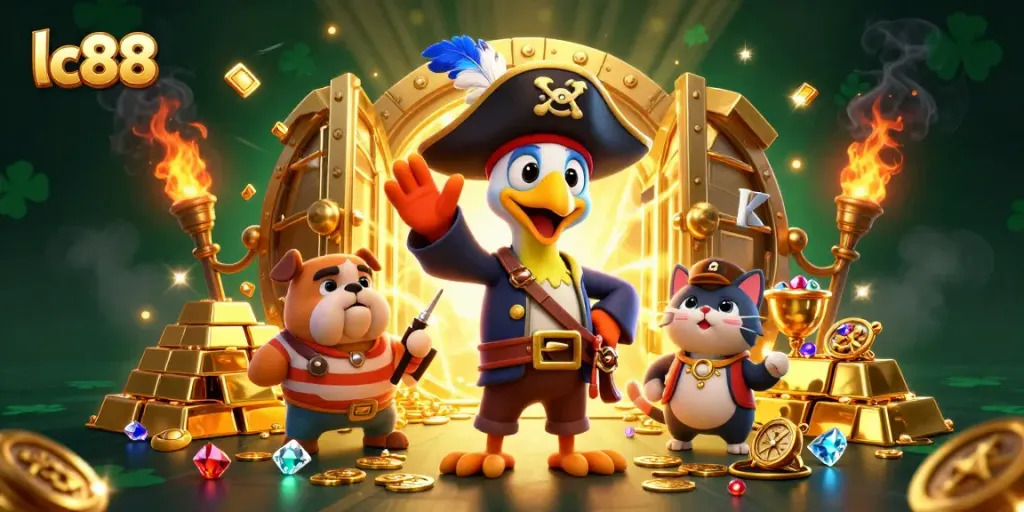 Engage in exciting gameplay at lc88 with vibrant characters, gold treasure, and immersive casino elements.