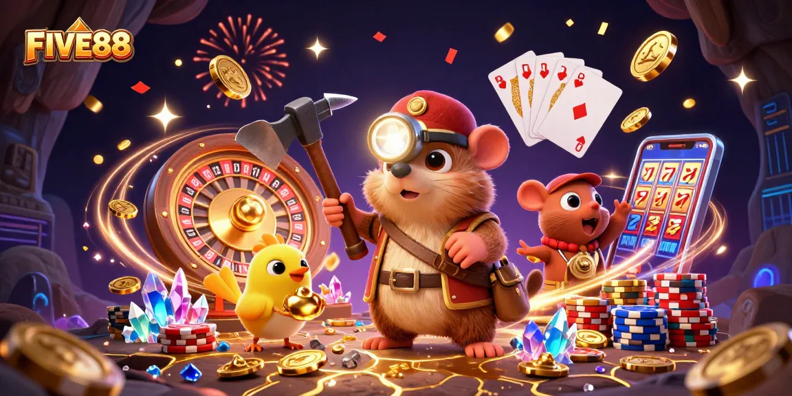 Experience the thrill of winning at FIVE88 with vibrant casino scenes and dynamic gameplay.