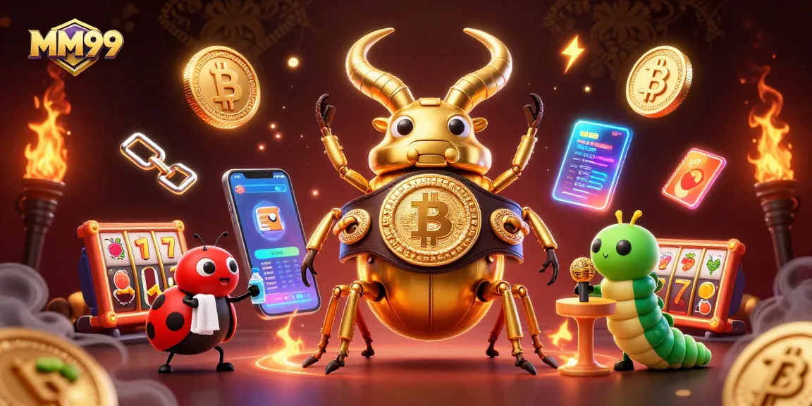 Experience thrilling MM99 slots with a dynamic 3D illustration featuring unique characters and digital gaming elements.