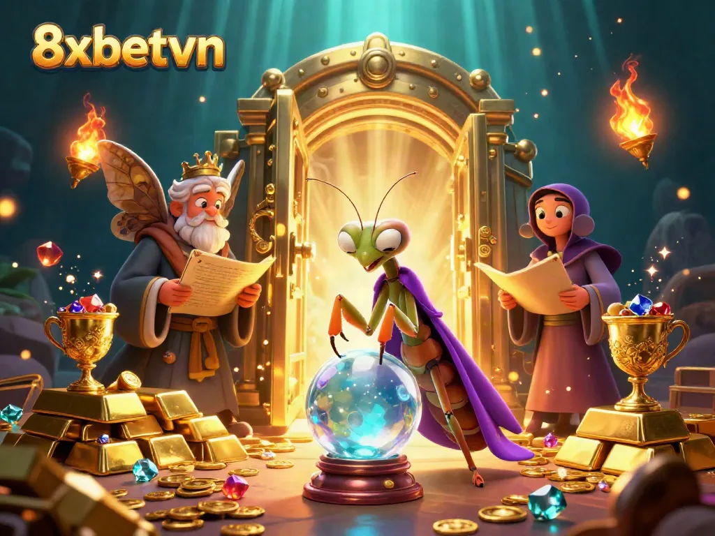 Immerse in the mystical world of 8xbetvn as a praying mantis fortune teller reveals fortune through a crystal ball amid sparkling treasures.