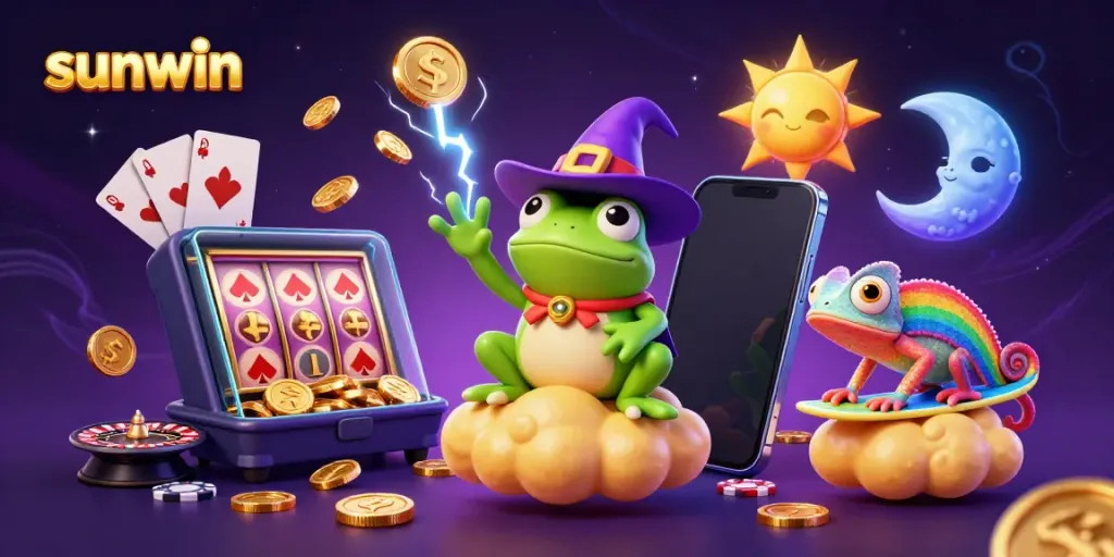Experience the thrilling world of sunwin with a 3D wizard frog and vibrant casino elements.