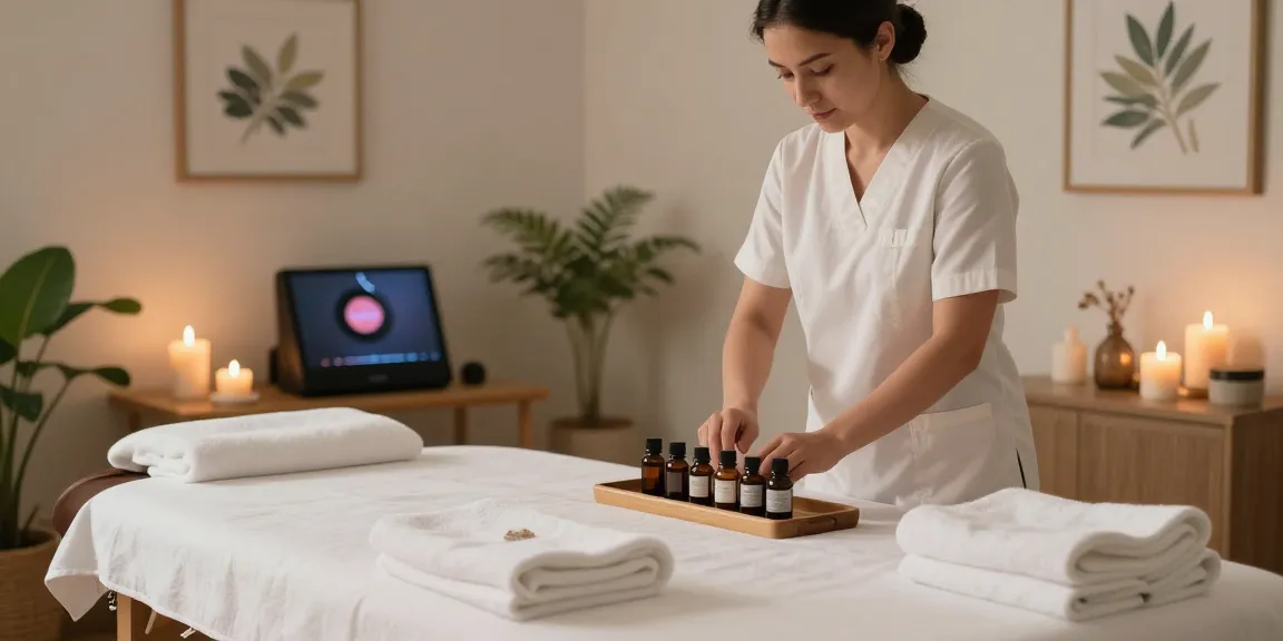 안양출장안마 massage therapist prepares a calming room with essential oils and soft lighting.