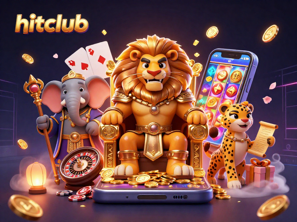 Engage with hitclub's thrilling gaming experience featuring a lion king amidst vibrant casino symbols.