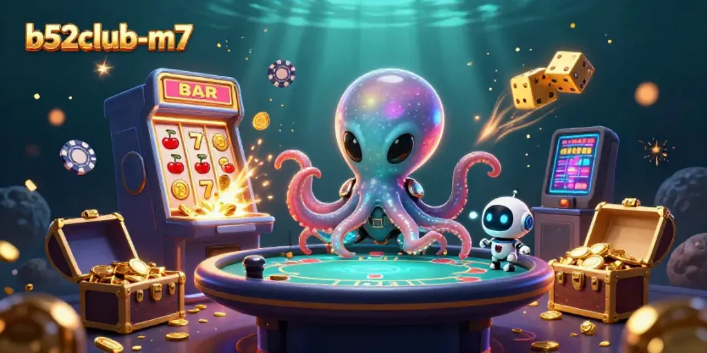 Engage with the exciting b52club-m7 casino through a vibrant alien scene featuring an octopus managing a poker table.
