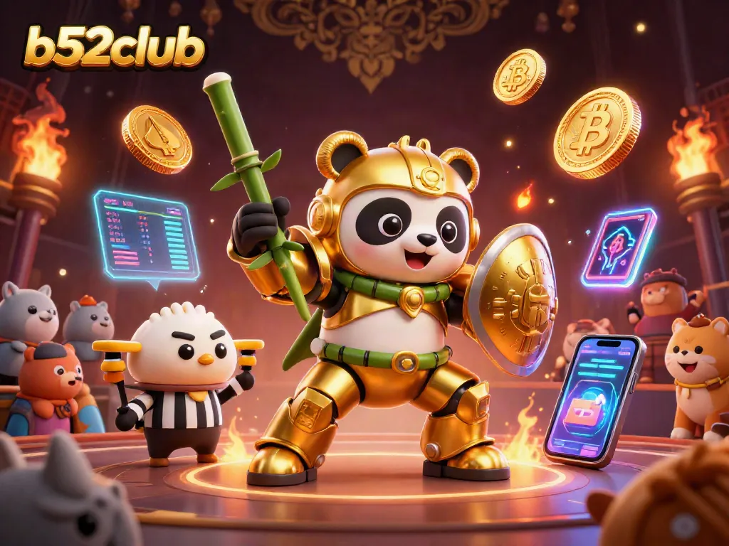 Experience vibrant gaming with b52club's golden panda and crypto elements in an engaging 3D scene.