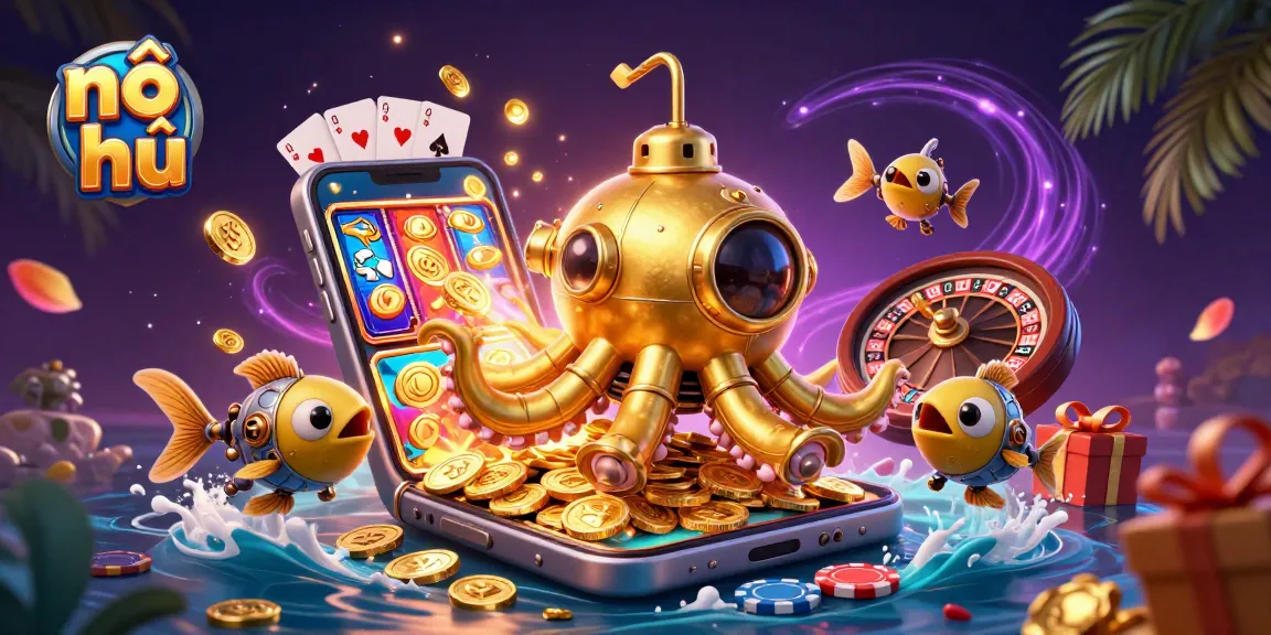 Experience nổ hũ excitement amid a golden kraken submarine surrounded by dynamic casino elements.