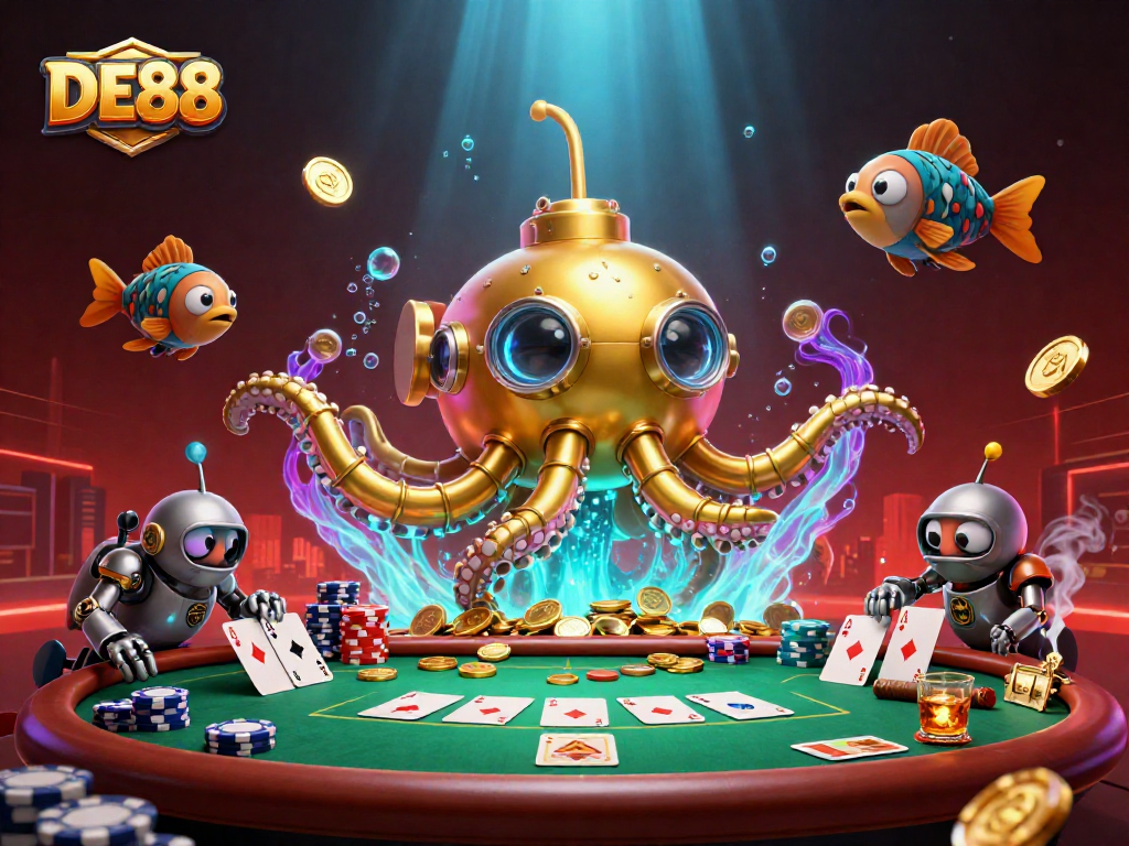 Engage in thrilling poker action with DE88 amidst a treasure trove of coins and excitement.