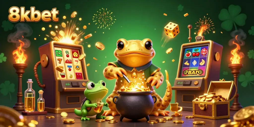 Experience winning with 8xbet in a vibrant 3D casino scene featuring gold coins and slot machines.