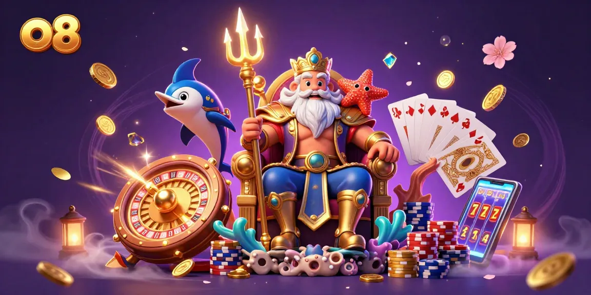 Spin to win at o8 with a vibrant 3D casino scene featuring Neptune and treasures!