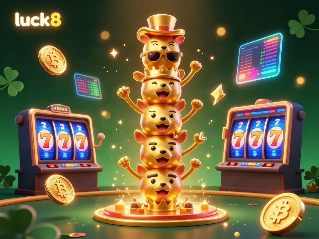 Engage in thrilling gameplay at luck8 with vibrant slot reels, golden totem poles, and shimmering crypto coins.