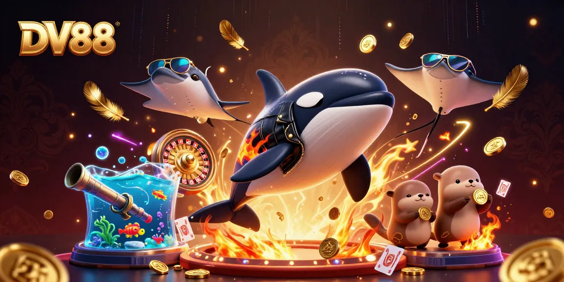 DV88 presents a dynamic casino scene with an orca biker and coin-holding otters in action.