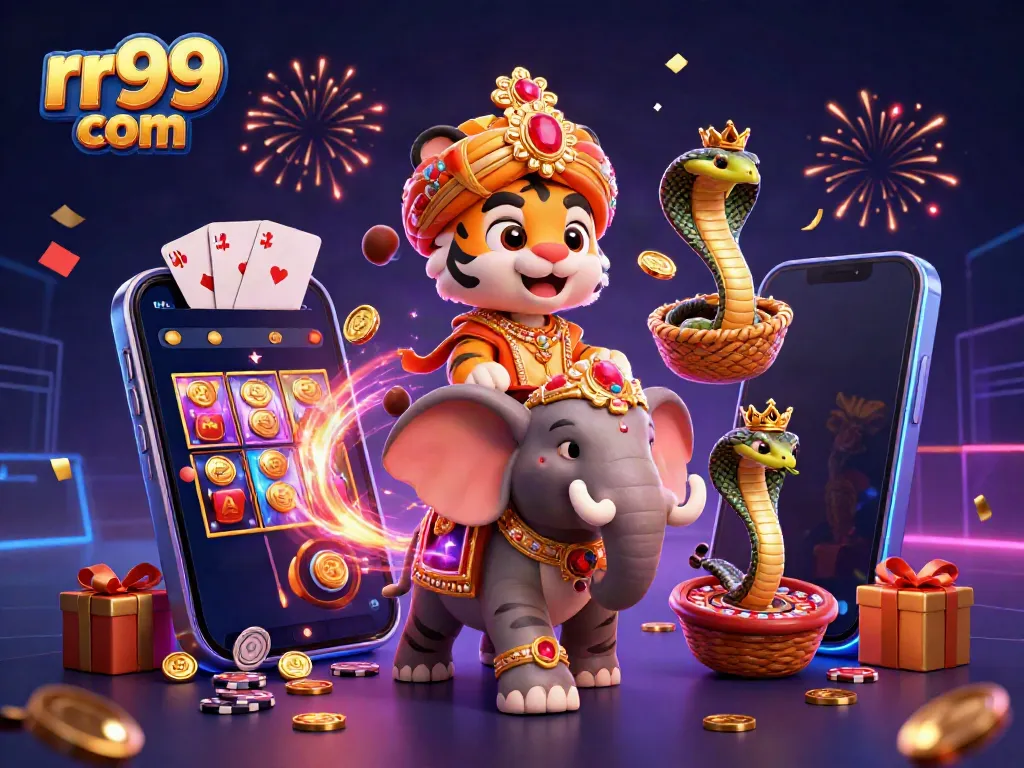 Engage with rr99 com through a vibrant 3D scene featuring a maharaja tiger and jewel-encrusted elements celebrating casino excitement.
