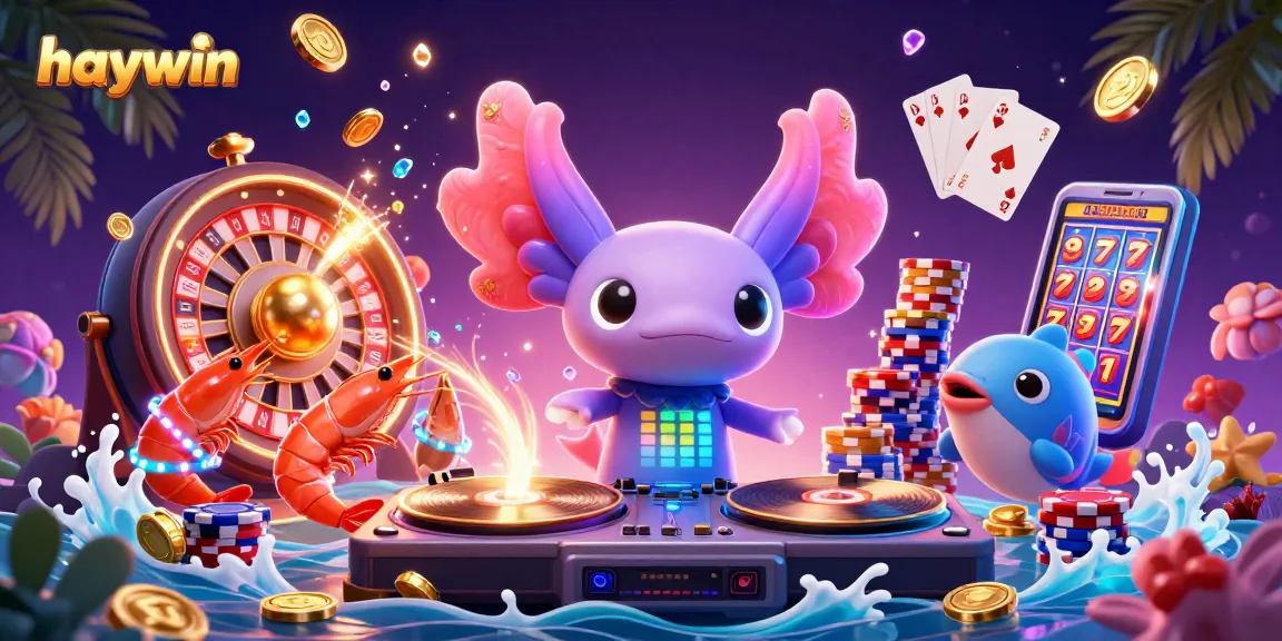 haywin's vibrant gaming scene with neon axolotl DJ and sparkling casino treasures