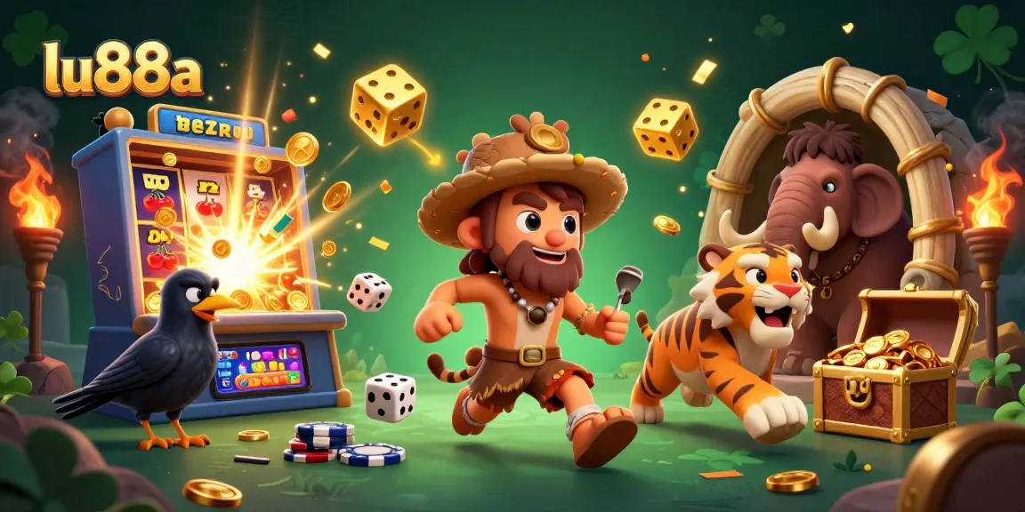 Experience thrilling wins at lu88a with 3D prehistoric casino characters celebrating a jackpot.