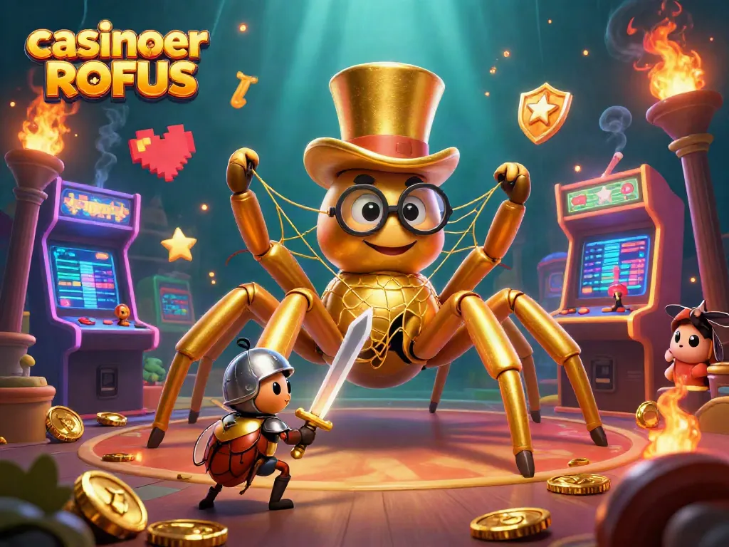Engage with casinoer uden ROFUS featuring a daring beetle knight approaching a golden tarantula amidst vibrant casino elements.