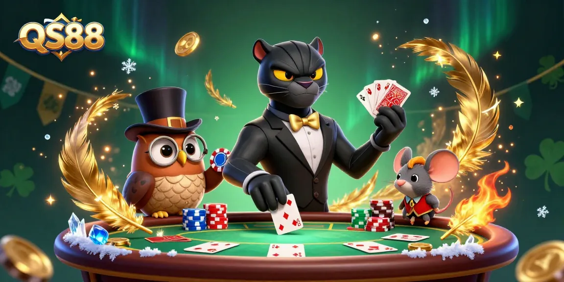 Experience the thrill of QS88 poker with a stylish panther dealer and vibrant scene.