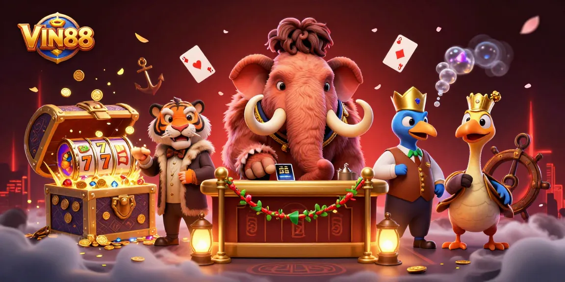 Engage with the vibrant world of VIN88 through a dynamic 3D casino illustration featuring playful characters.