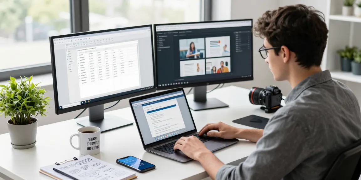 Download WPS Office shown on a modern workspace desk with laptop and dual monitors enhancing productivity.