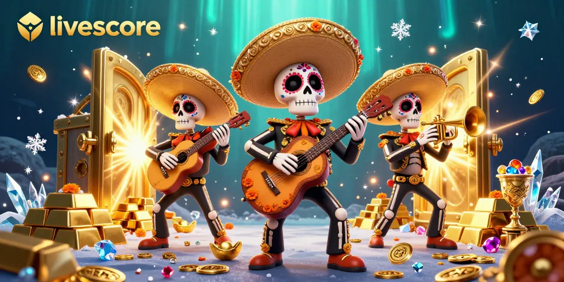 Stay updated with livescore results, featuring vibrant mariachi skeletons in a casino-inspired scene.