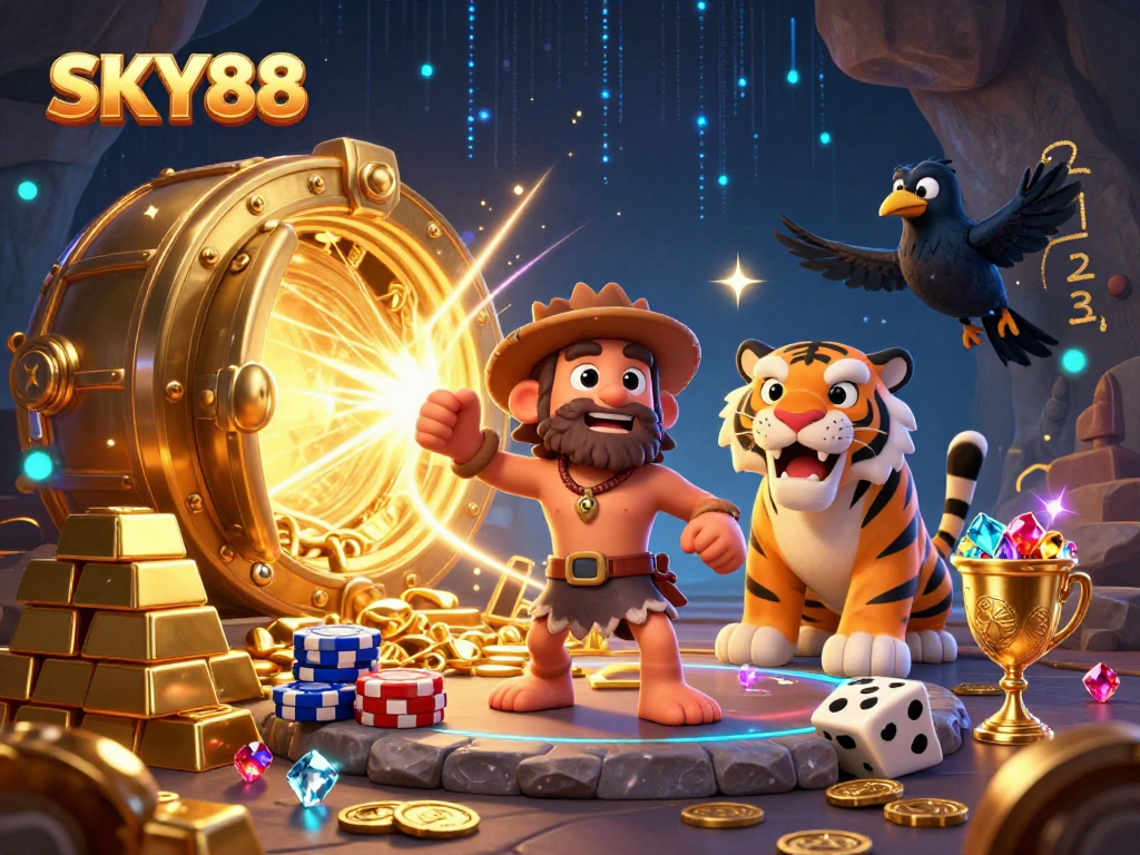 Engage with SKY88’s thrilling caveman casino adventure featuring vibrant treasures and lively characters.