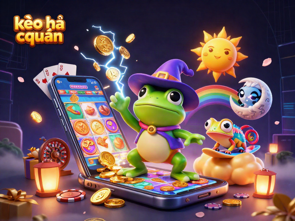 Engage with kèo nhà cái chuẩn as the weather wizard frog conjures golden coins in a casino scene.