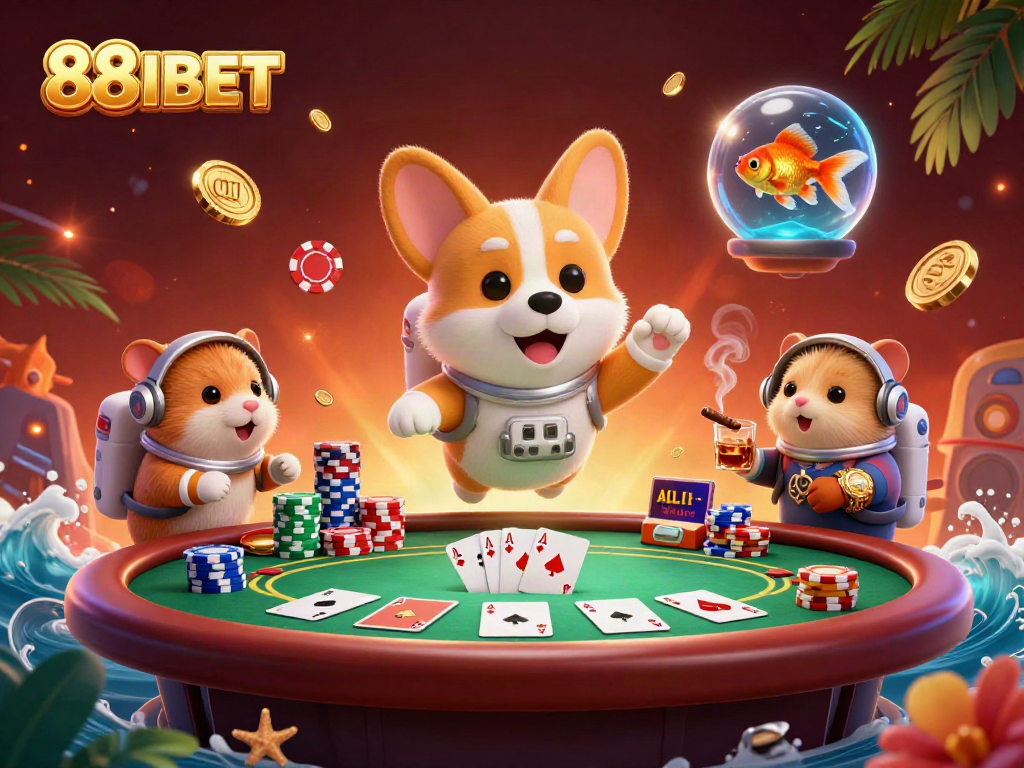 Engage with 88IBET's exciting 3D illustration showcasing a fun casino scene filled with characters.
