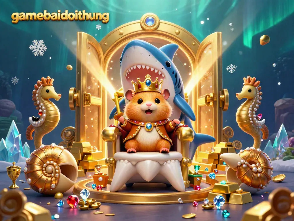 Experience the thrill of gamebaidoithuong with the golden hamster king amidst treasures and royal seahorse guards.