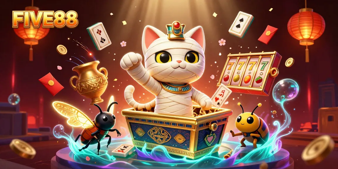 Win big with FIVE88's exciting games in a vibrant pyramid casino scene.