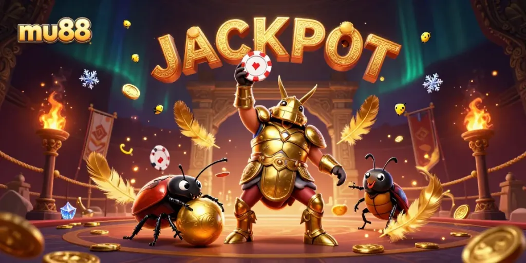 Engage with mu88's thrilling casino vibe as a hercules beetle celebrates a big win.