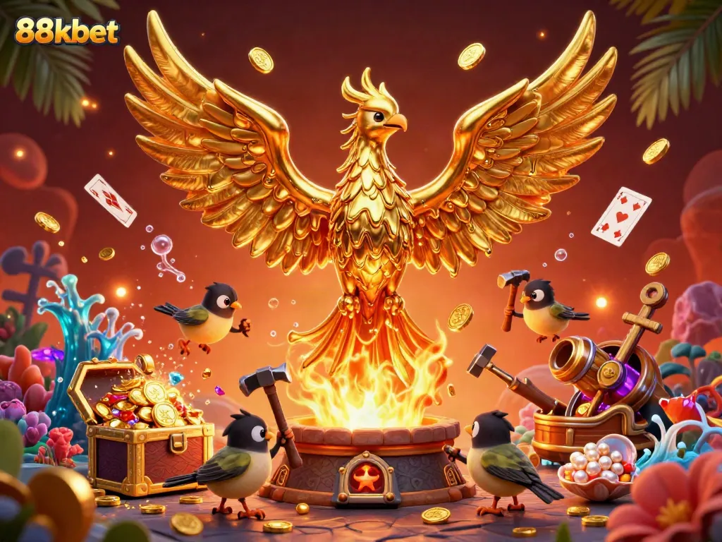Experience the dynamic 88kbet scene with a golden phoenix and abundance of treasure.