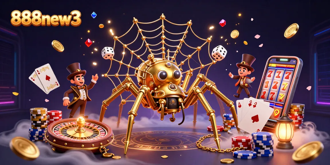 Join the excitement at 888new3 with a steampunk spider catching dice in its web!