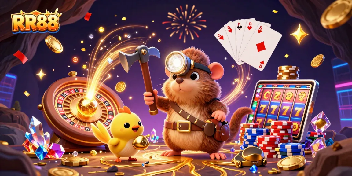 Join RR88 for thrilling wins with a treasure hunter mole and canary in a dazzling casino scene.