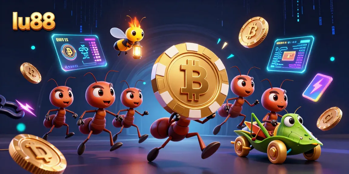 Experience fun at lu88, where playful ants carry golden poker chips amidst vibrant casino elements.