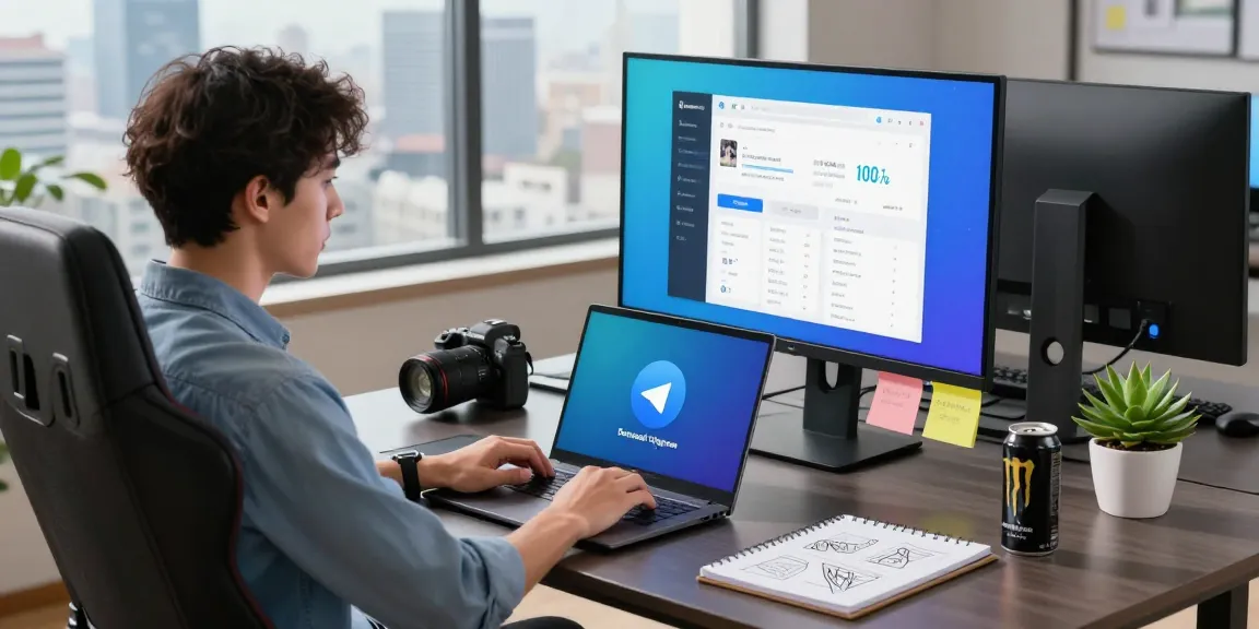 Young professional downloading Telegram on a laptop in a modern office workspace.