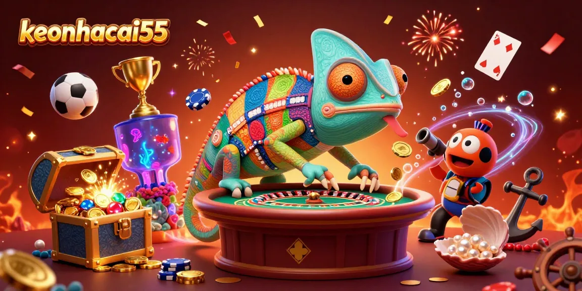 Engage with keonhacai55’s colorful casino scene featuring a chameleon owner and sports betting elements.