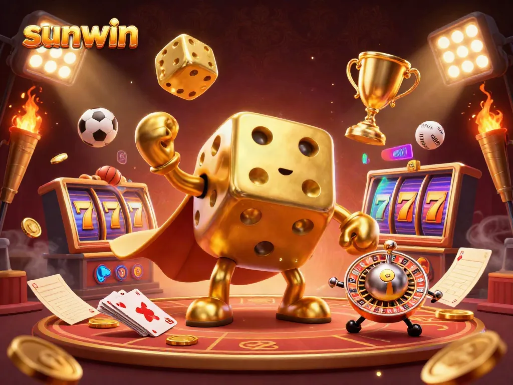 Experience excitement and entertainment with sunwin's vibrant 3D casino illustration showcasing dynamic games and golden elements.