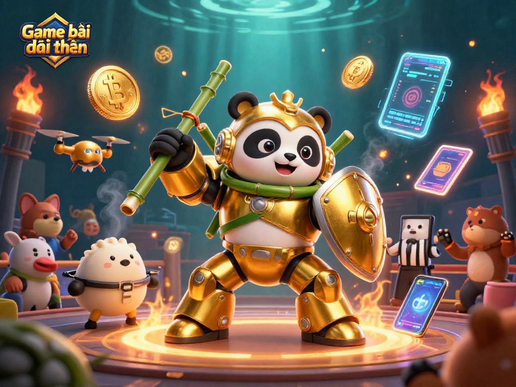 Engage in the Game bài đổi thưởng experience with vibrant 3D illustration showcasing a mech-suit panda in a dynamic casino arena.
