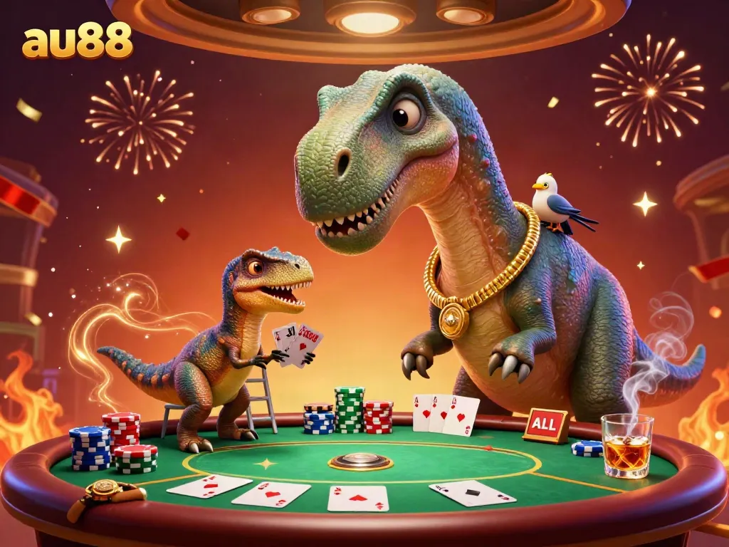 Experience the excitement of au88 with a whimsical dinosaur casino scene, featuring dynamic poker action.