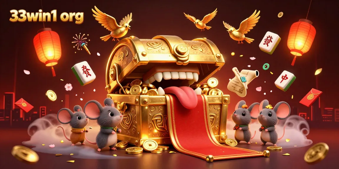 Engaging illustration of the 33win1 org golden treasure chest lure amidst vibrant casino elements, attracting eager adventurers.