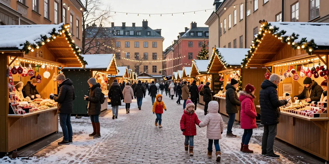 Julmarknad Stockholm med festliga montrar och snöfall, en familj njuter av julstämningen.