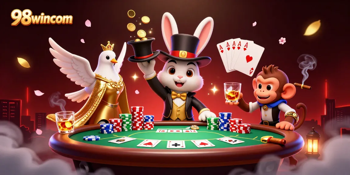 Engage with thrilling gaming action at 98wincom featuring a magician, dove, and monkey in a vibrant casino scene.