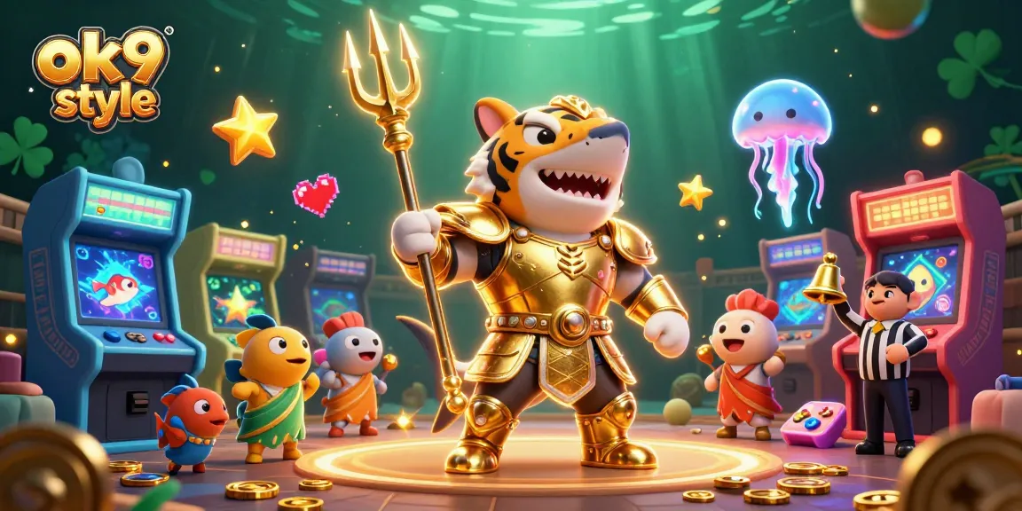 Spin to win with ok9 style as a golden gladiatorial shark battles in an underwater arena.