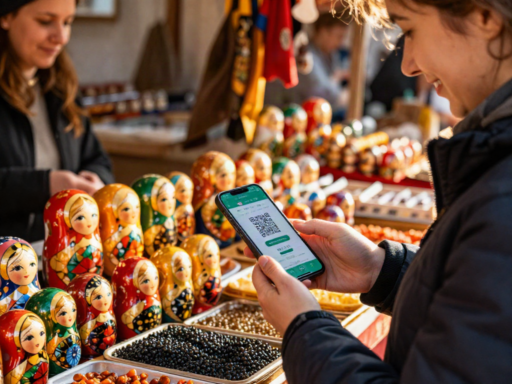 Experiencia de pago sin complicaciones en Rusia con https://payinrussia.com/ usando una app móvil en un mercado local.