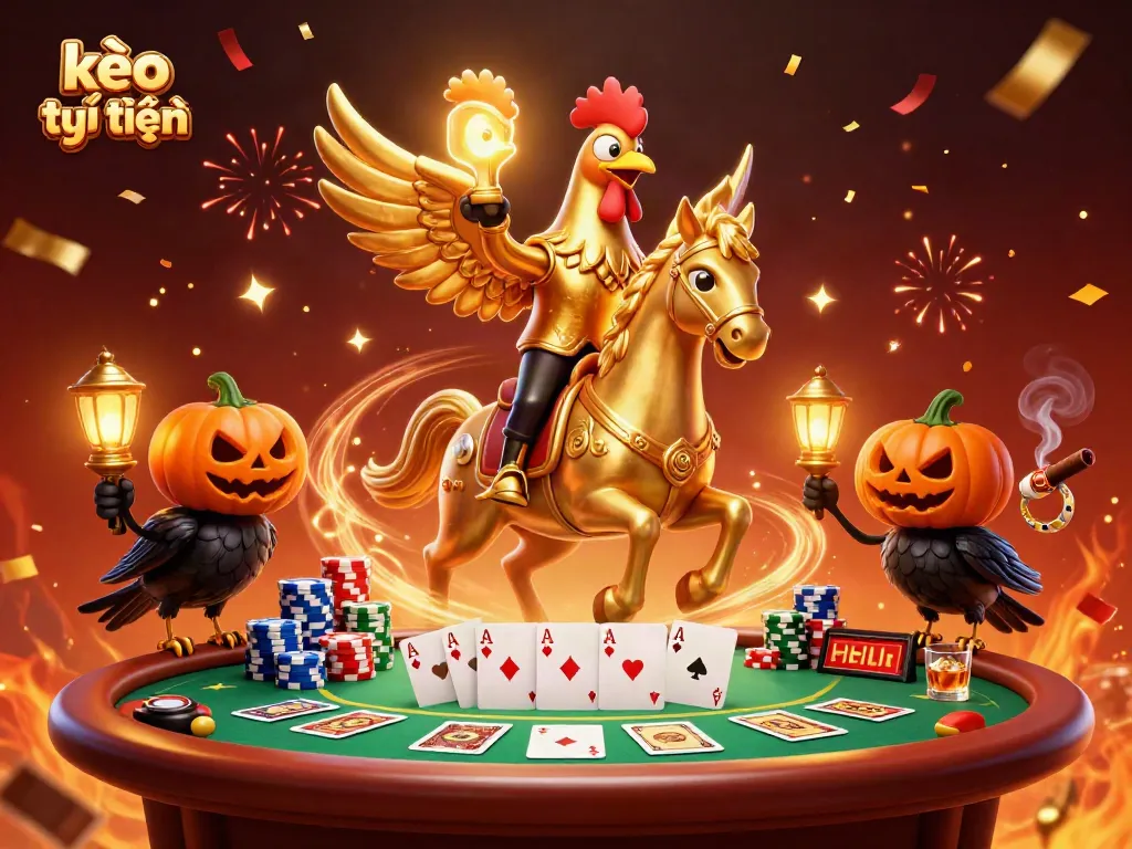 Experience exciting kèo trực tuyến action with a golden rooster and casino elements in this vibrant illustration.