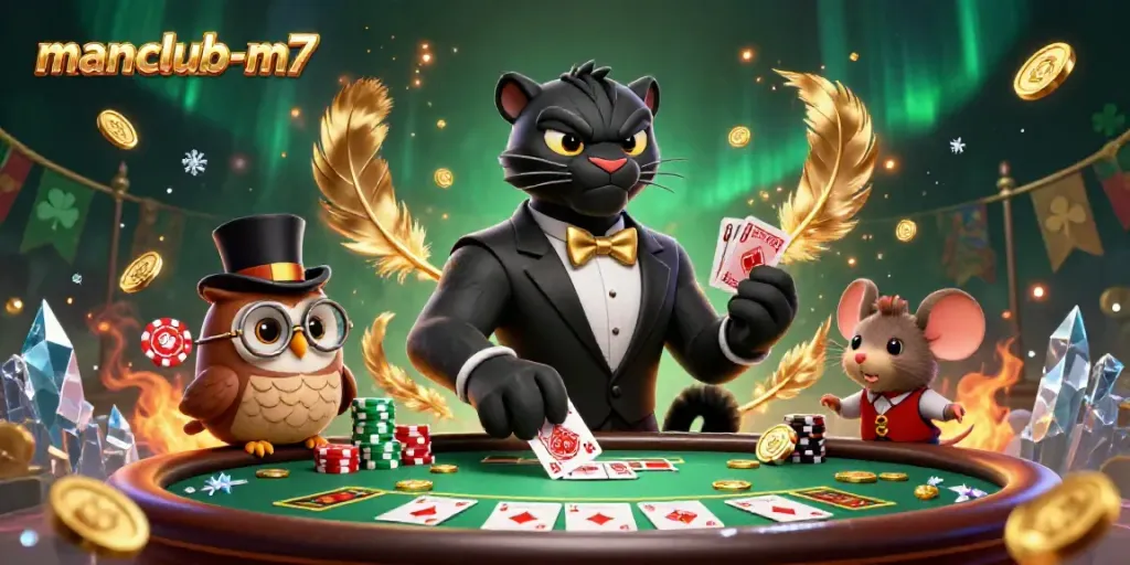Engage with manclub-m7 through an elegant poker scene featuring a tuxedoed panther and charming owl.