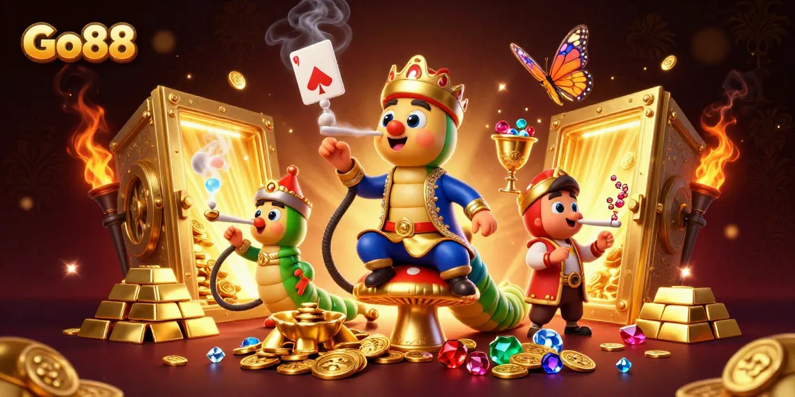 Experience exhilarating gaming at Go88 with vibrant scenes of treasure and poker.