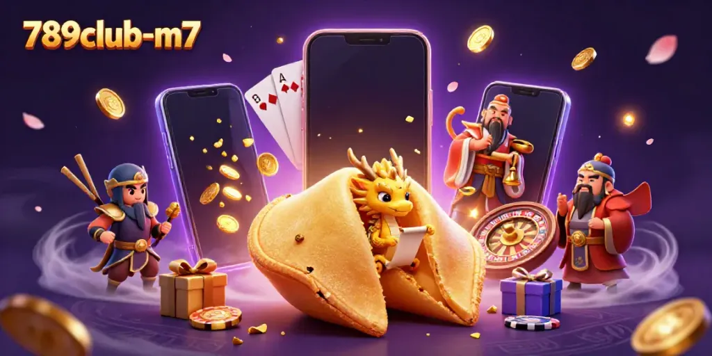 Engage with 789club-m7's exciting games featuring a dynamic fortune cookie scene with casino elements.