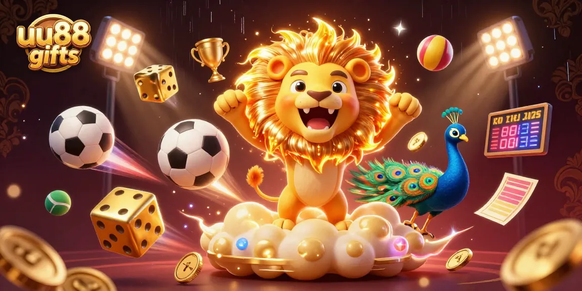 Win big with uu88 gifts, featuring a vibrant 3D illustration of a lion roaring amidst dynamic sports elements and golden coins.