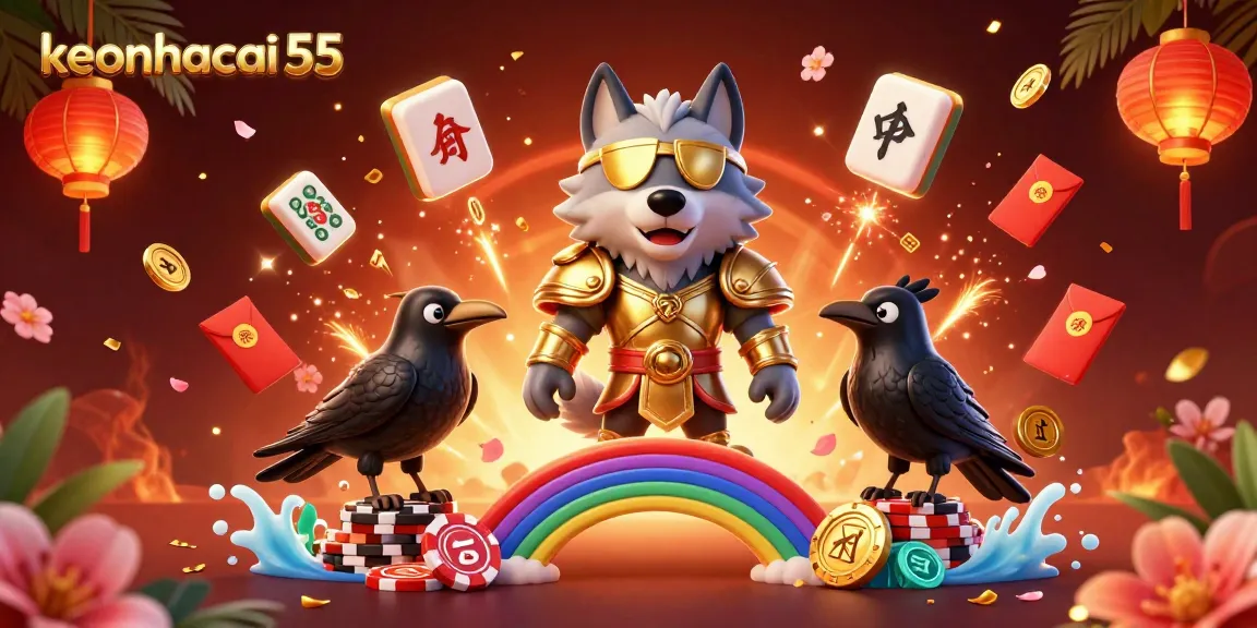 Experience the excitement of keonhacai 55 with a vibrant 3D casino-themed illustration featuring mythology characters.